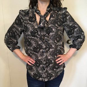 black / white 3/4-sleeve blouse with tie (S)